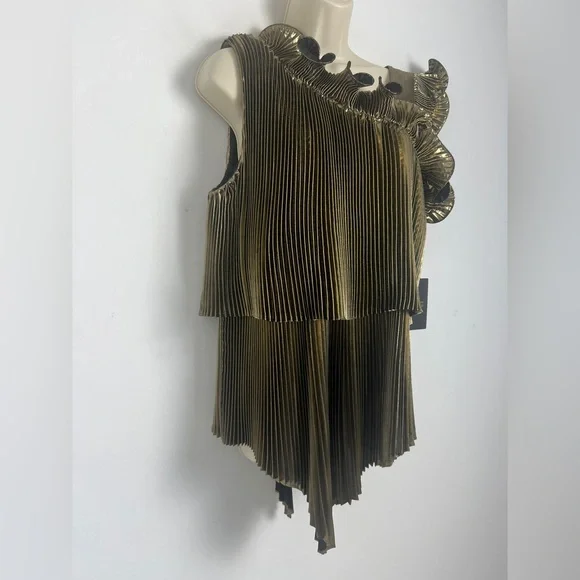 NEW Halogen X Atlantic-Pacific Large Pleated Asymmetrical Gold Black Lame Blouse - Picture 4 of 16